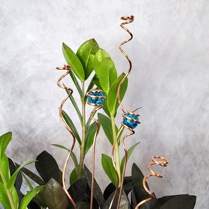 Copper plant stakes, decorative glass art stake, houseplant suncatcher stick, plant lover holiday gift and accessory