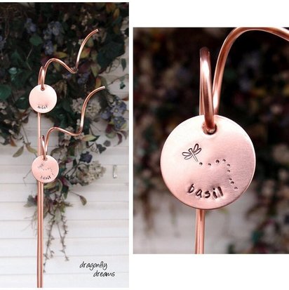 Decorative copper plant stakes and markers, indoor planter decor, outdoor garden art stake with tag, plant mom holiday gifts