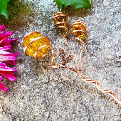 Copper and glass suncatcher plant stake, dragonfly or butterfly, indoor houseplant support, gardening gifts, plant mom
