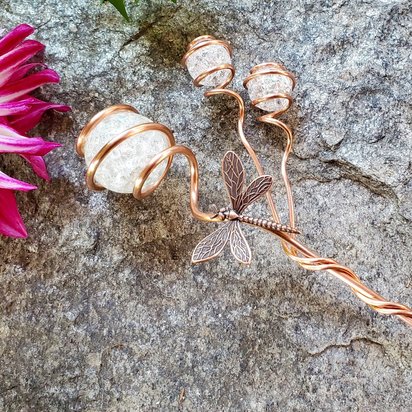 Dragonfly copper plant stake, decorative glass suncatcher marker, butterfly outdoor decor, plant mom gifts