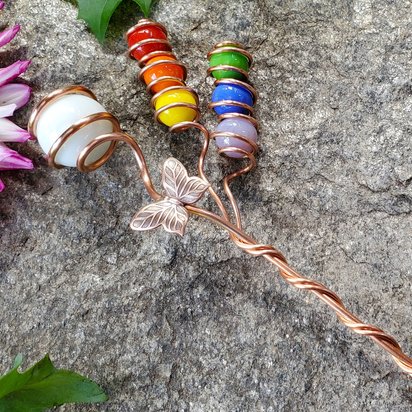 Rainbow glass and copper plant stake, dragonfly and butterfly garden decor, houseplant support stick, holiday plant gift ideas