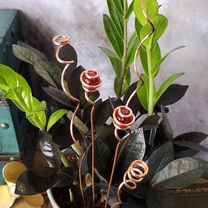 Glass and copper plant stakes, decorative houseplant support sticks, metal garden art, electroculture coil, Christmas plant mom gifts