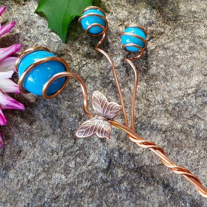 Copper garden stake, dragonfly or butterfly glass plant stakes, outdoor garden decor, plant mom gardening gifts