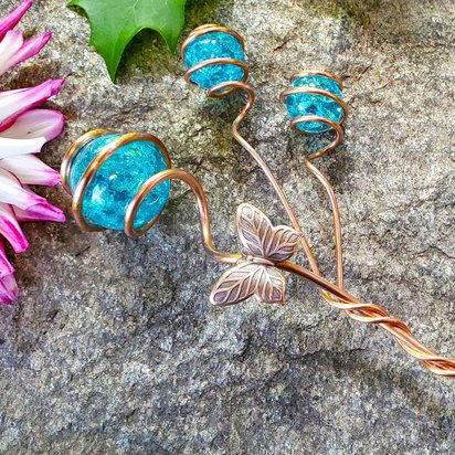 Copper plant and garden stakes, indoor and outdoor glass art, dragonfly or butterfly, plant mom holiday gift