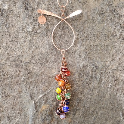 Rainbow wind chimes, copper and glass garden decor, hanging outdoor ornament, holiday plant mom