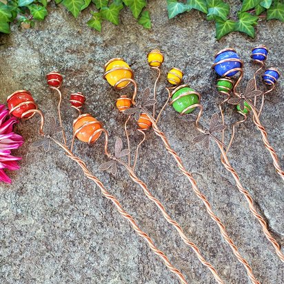 Dragonfly plant and garden stake, copper and glass houseplant support, jeweled home decor, plant mom holiday gifts