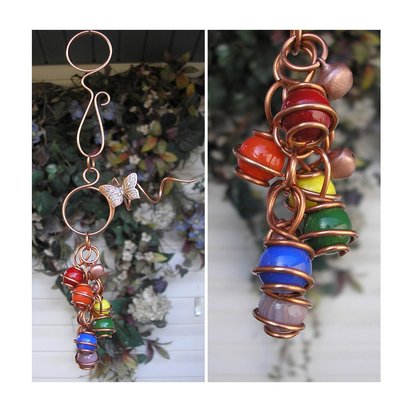 Rainbow glass wind chimes, dragonfly or butterfly garden art outdoor decor, hanging copper ornament, plant mom gifts