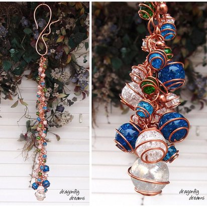 Copper and glass wind chimes, handmade outdoor art and garden decor, plant mom and gardening holiday gifts