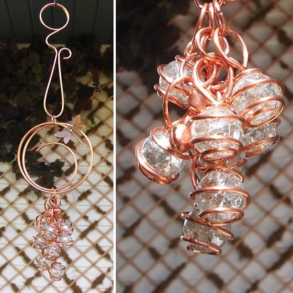 Copper wind chimes, dragonfly or butterfly garden decor, glass ornament suncatcher, gardening gift for plant mom