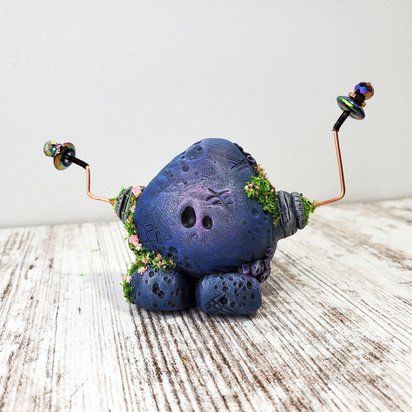 Robot polymer clay figurine, copper plant stake houseplant sitter, fantasy art object sculpture, geek holiday gifts