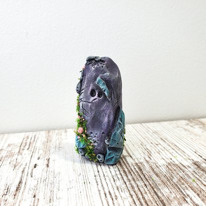 Rock monster fairy garden polymer clay figurine, copper plant stake, houseplant sitter, fantasy art object sculpture, holiday gifts