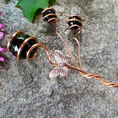 Butterfly glass and copper plant stake, outdoor garden and patio decor, glass yard ornament, plant mom gifts