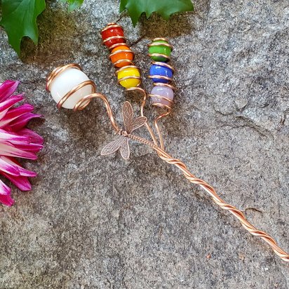 Rainbow dragonfly garden stake, copper houseplant decor, butterfly outdoor and indoor art, plant lover gifts