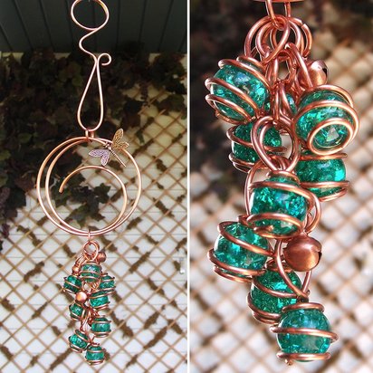 Dragonfly or butterfly copper and glass wind chimes, houseplant accessory suncatcher, garden decor and plant mom gifts