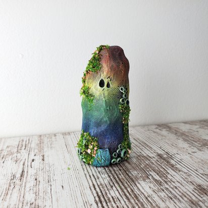 Rainbow rock monster polymer clay figurine, fairy garden copper plant stake, houseplant sitter, fantasy art object sculpture, holiday gifts
